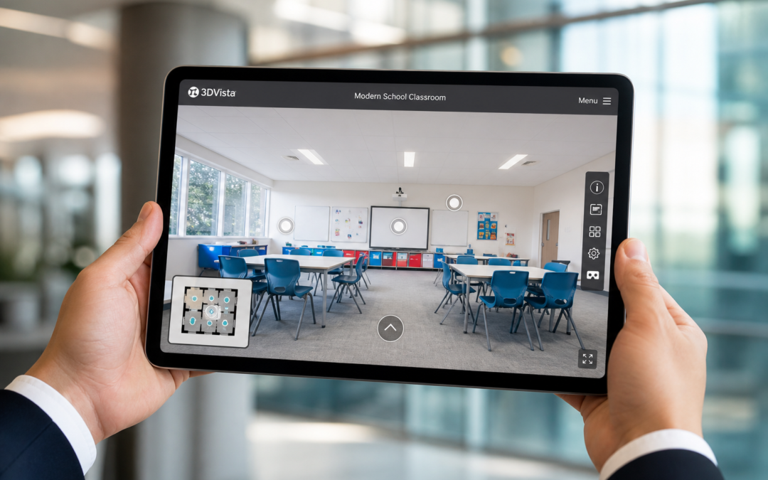 A professional tablet showing an interactive 3DVista 360-degree virtual tour of
