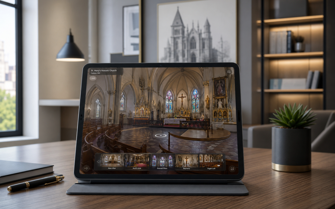 Professional cinematic shot of a modern tablet displaying a 360-degree virtual t