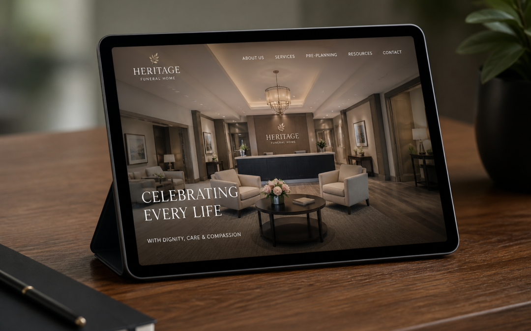 A modern elegant funeral home interior shown on a sleek tablet screen on a woode