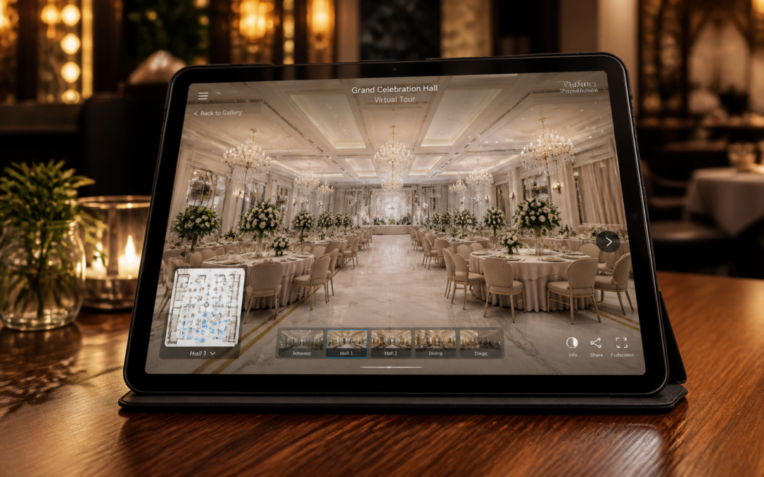Wirtualny spacer 360° – Branża: Gastronomia & Wesela | Cel: Wzrost liczby rezerwacji eventowych | Kluczowa korzyść: Real