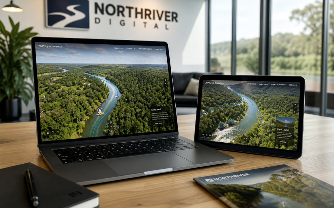 Wirtualny spacer 360° – Projekt: Trasa kajakowa z drona nad rzeką Wkrą | Branża: Turystyka | Miasto: Pomiechówek | Cel: