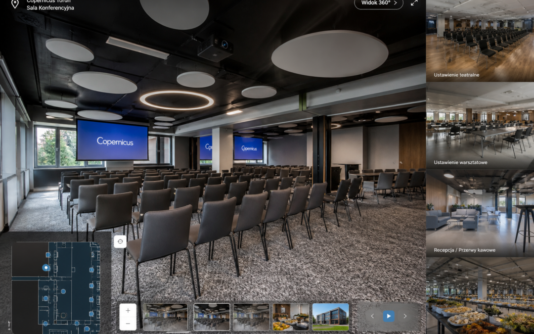 Wirtualny spacer sali konferencyjnej i centrum eventowego — jak sprzedawać wynajem na odległość?